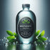 Clear bottle with organic label design, featuring green leaves and water droplets, promoting natural and pure ingredients.