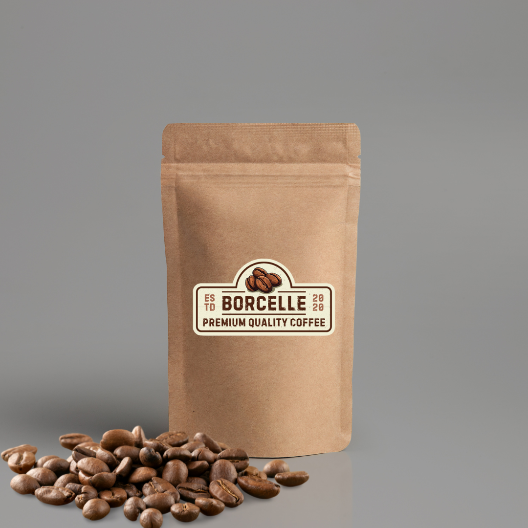 Coffee beans spilling from a bag, showcasing a mockup design with a rustic aesthetic and rich, dark colors.