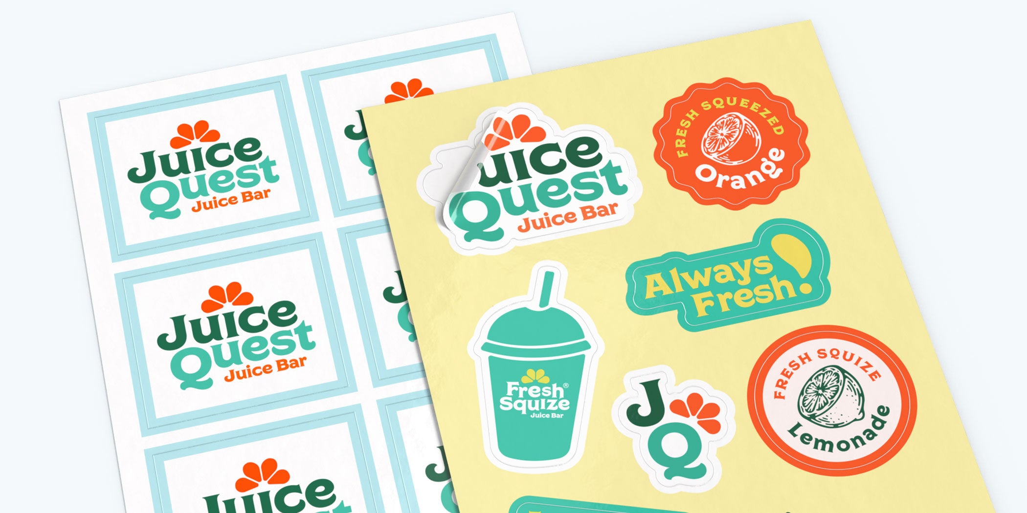 Colorful Juice Quest and Fresh Squize themed stickers on sheets, featuring logos.