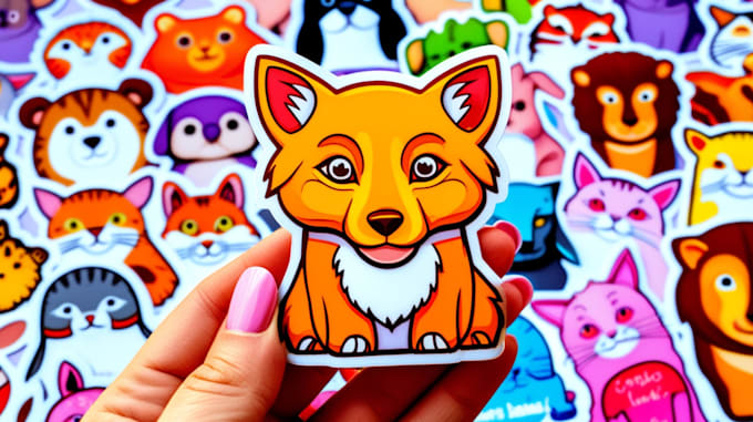 Hand holding a cute cartoon fox sticker with a colorful background full of various animal face stickers.